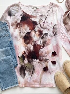 Coldwater Creek Watercolor Floral Top 1X 3/4 Sleeve Top Romantic Boho Cottage